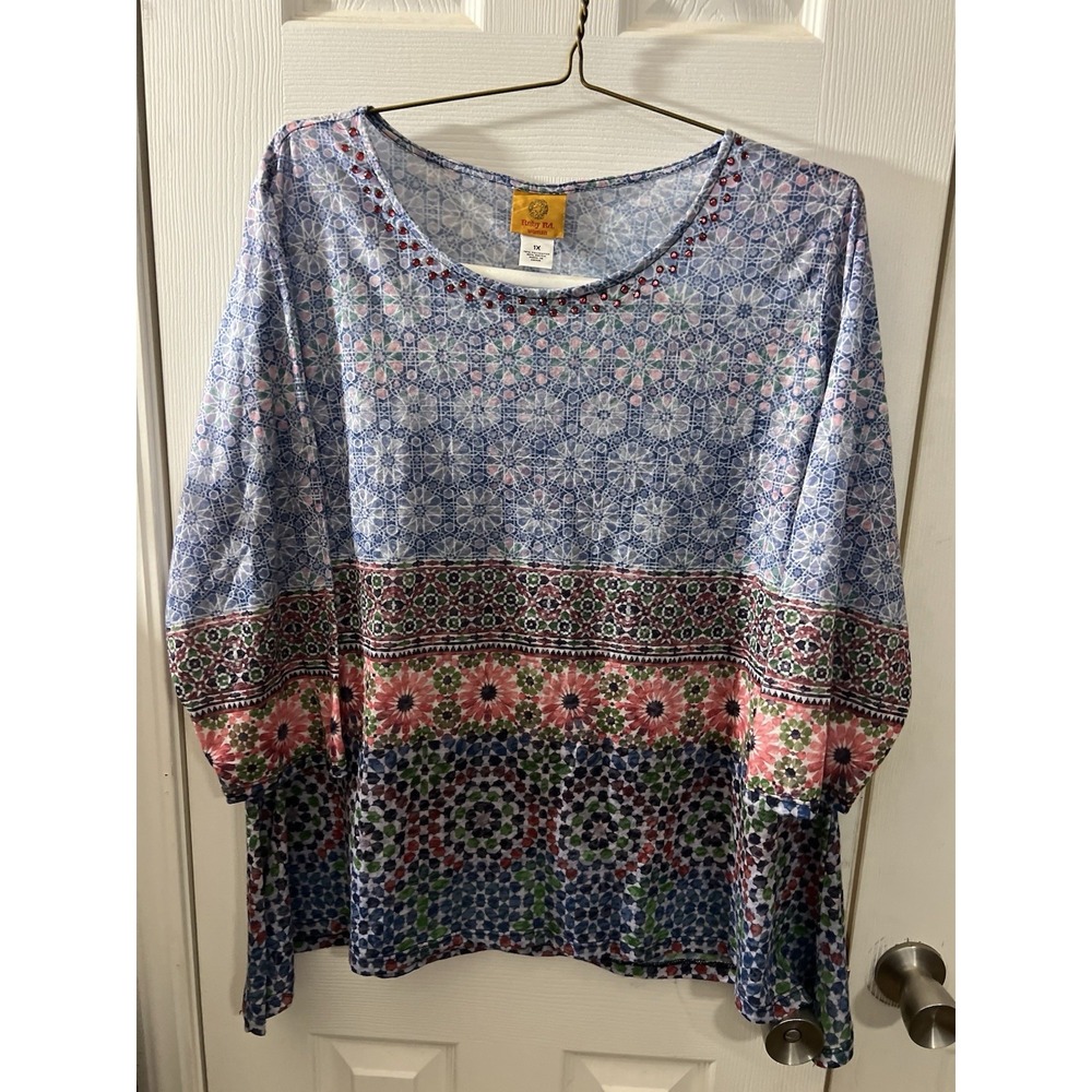 Ruby Rd 1X‎ Top Unique Lightweight Sheer Embellished Top 3/4 Sleeves